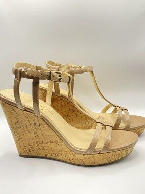 Jessica Simpson Open Toe Tan Cork Wedges Adjustable Ankle Straps Size 8M